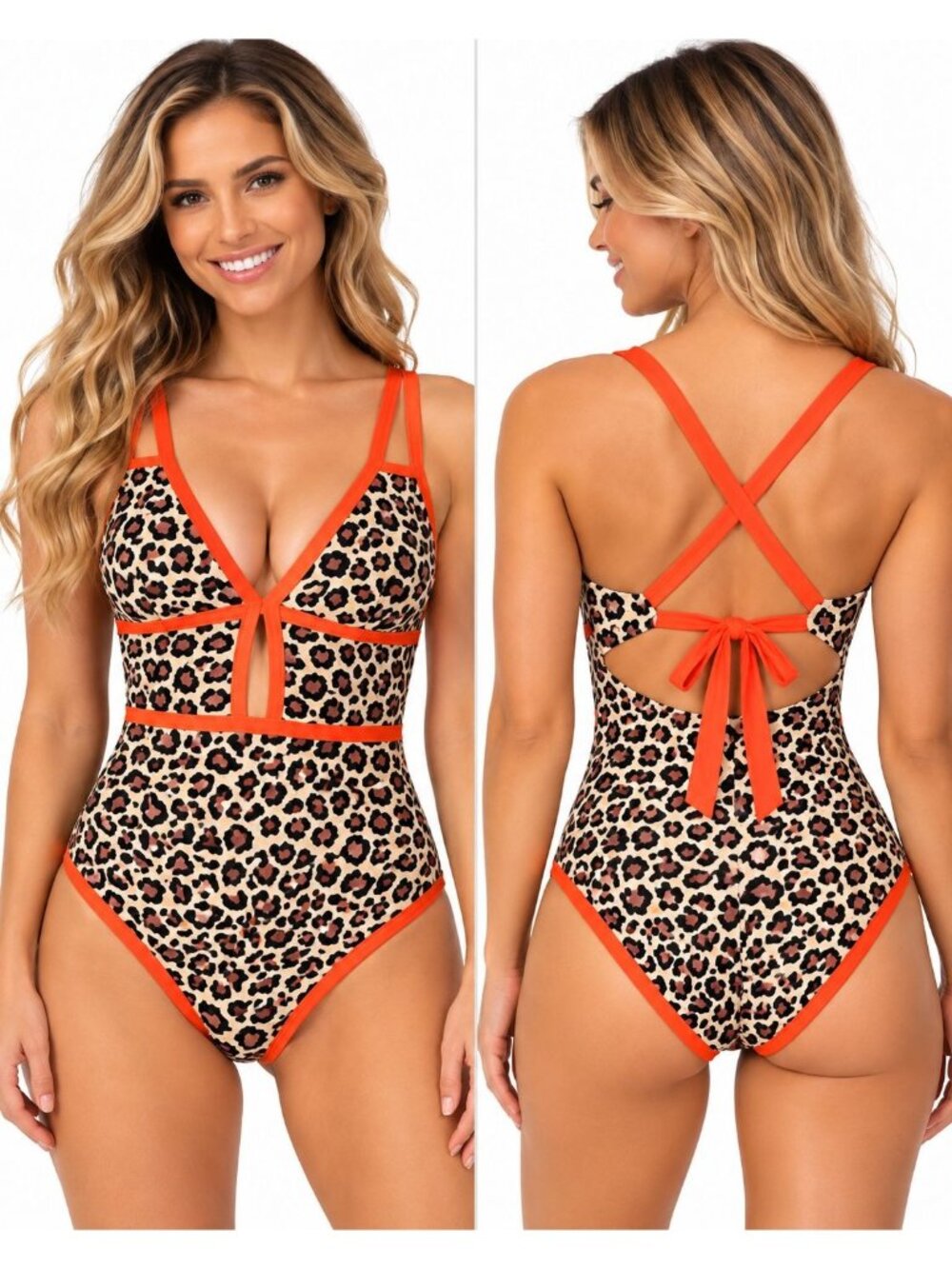Small Neon Orange Brown Leopard Color Block Swimsuit with Slimming Tummy Conrol